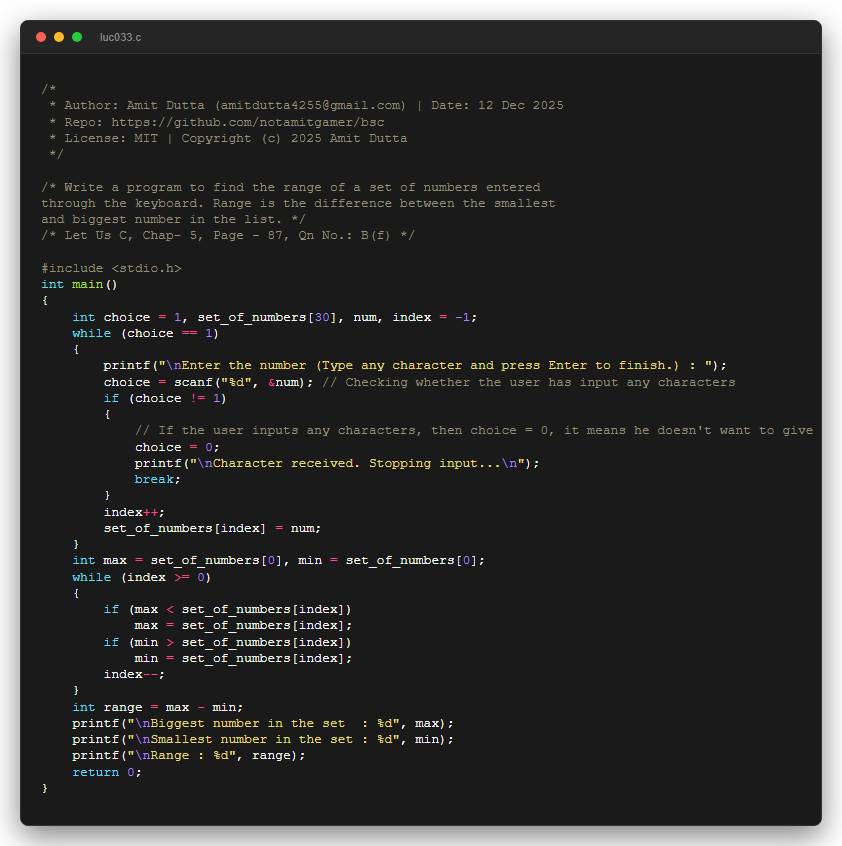 Write a program to find the range of a set of numbers entered through the keyboard. Range is the difference between the smallest and biggest number in the list.
